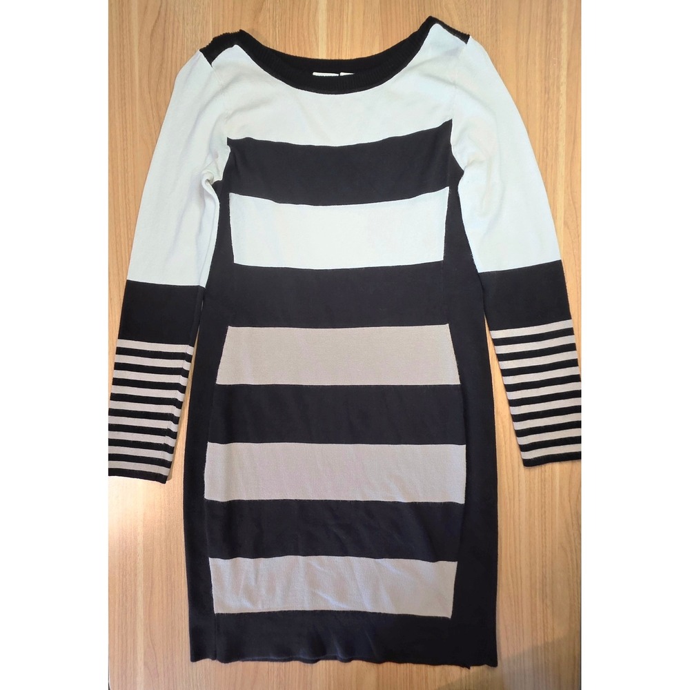 Cato Striped Knit Dress Women's Medium Black White Almond‎ Colored Long Sleeve